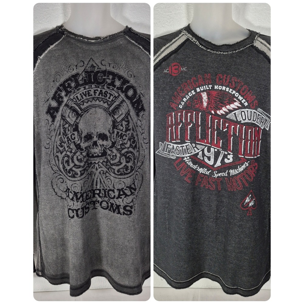 Affliction American Customs Reversible Thermal Shirt Mens Large Gray Black Skull